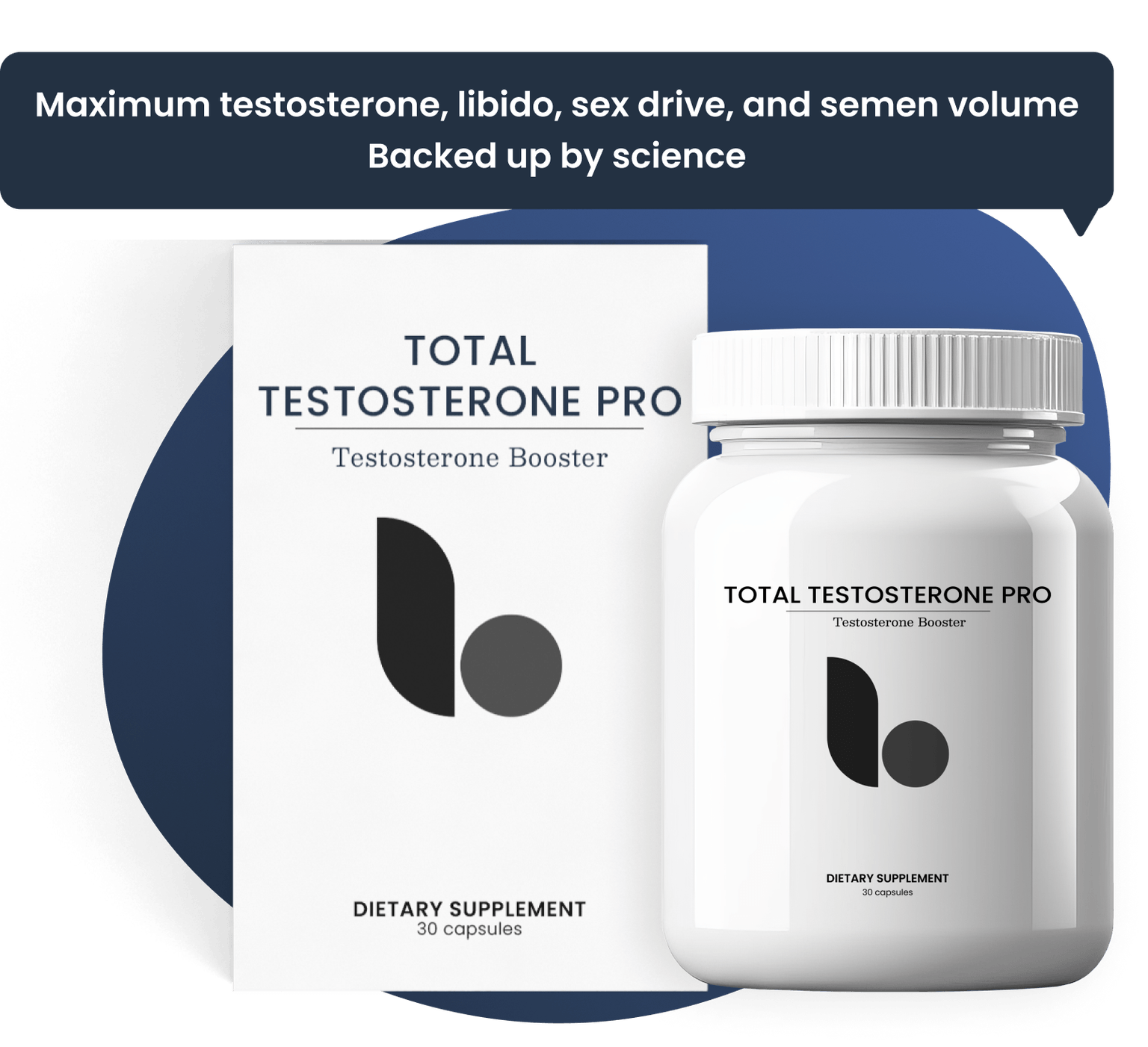 Total Testosterone Pro bottle with a chat bottle that says Maximum testosterone, libido, sex drive, and semen volume. Backed up by science