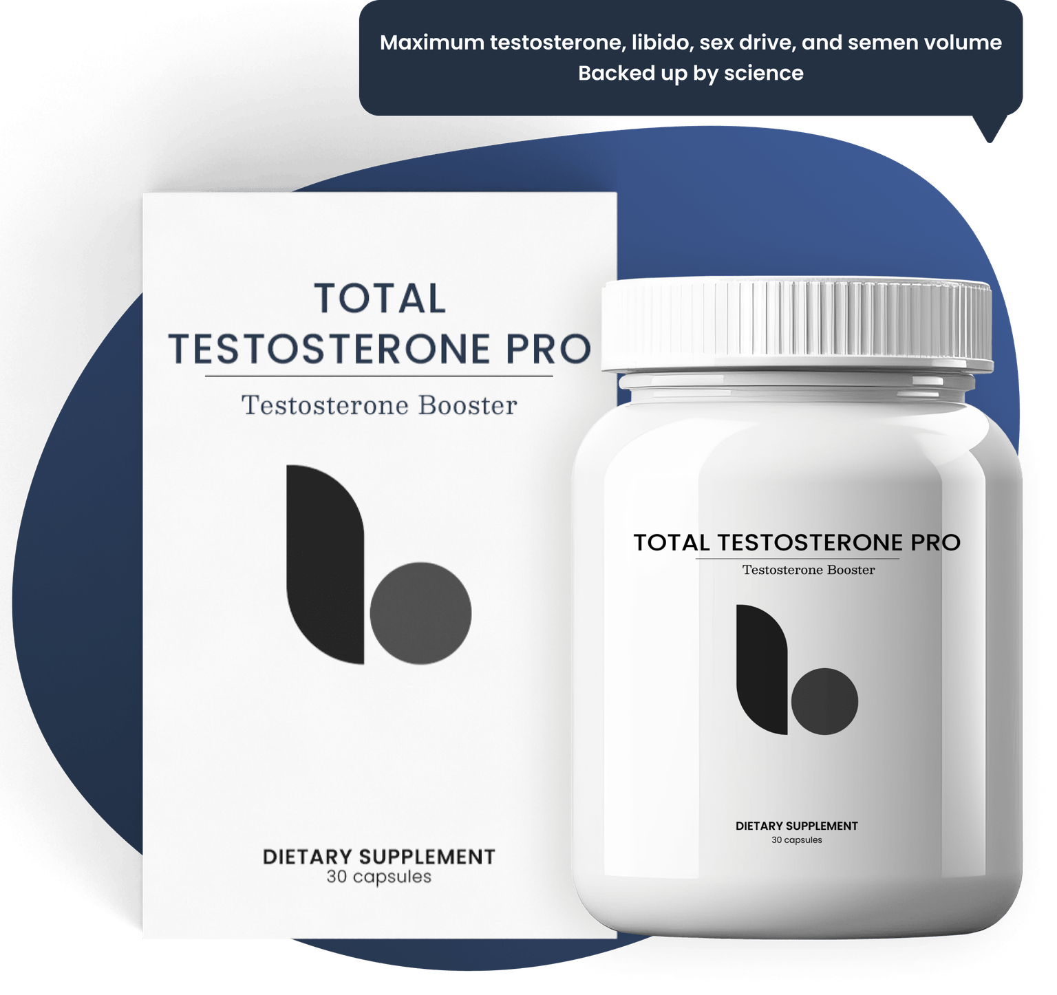 Total Testosterone Pro bottle with a chat bottle that says Maximum testosterone, libido, sex drive, and semen volume. Backed up by science